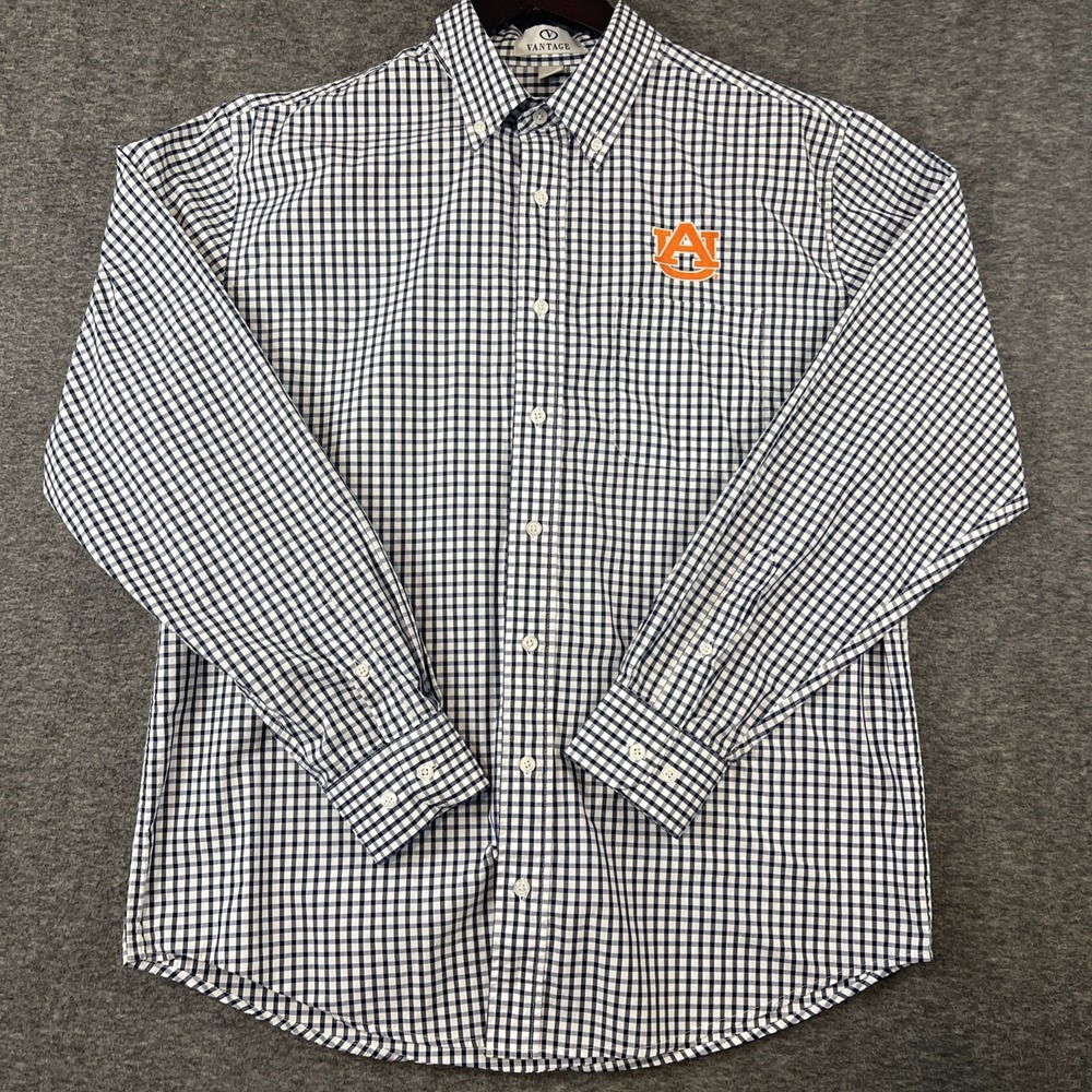 Vantage Auburn University‎ Men's Large Blue White Plaid Long Sleeve Button Down